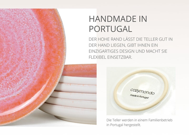 Speiseteller-Set aus Keramik mit handgefertigtem Spiraldekor in rot/lachsfarben 27cm I Set für 2 Personen Bild 6