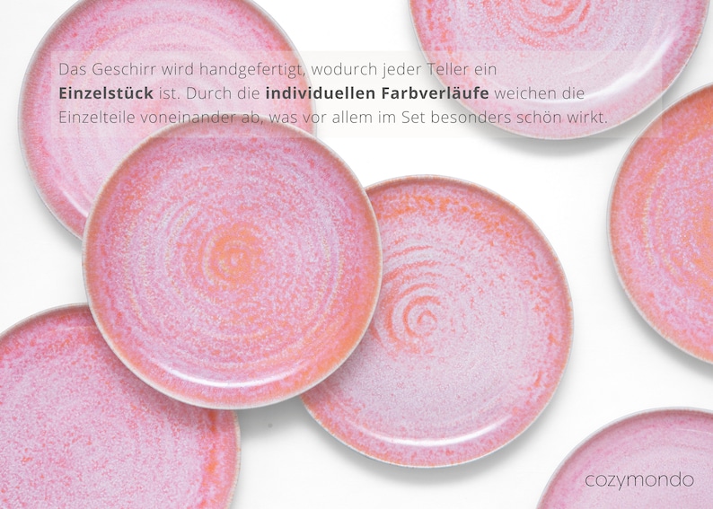 Speiseteller-Set aus Keramik mit handgefertigtem Spiraldekor in rot/lachsfarben 27cm I Set für 2 Personen Bild 8