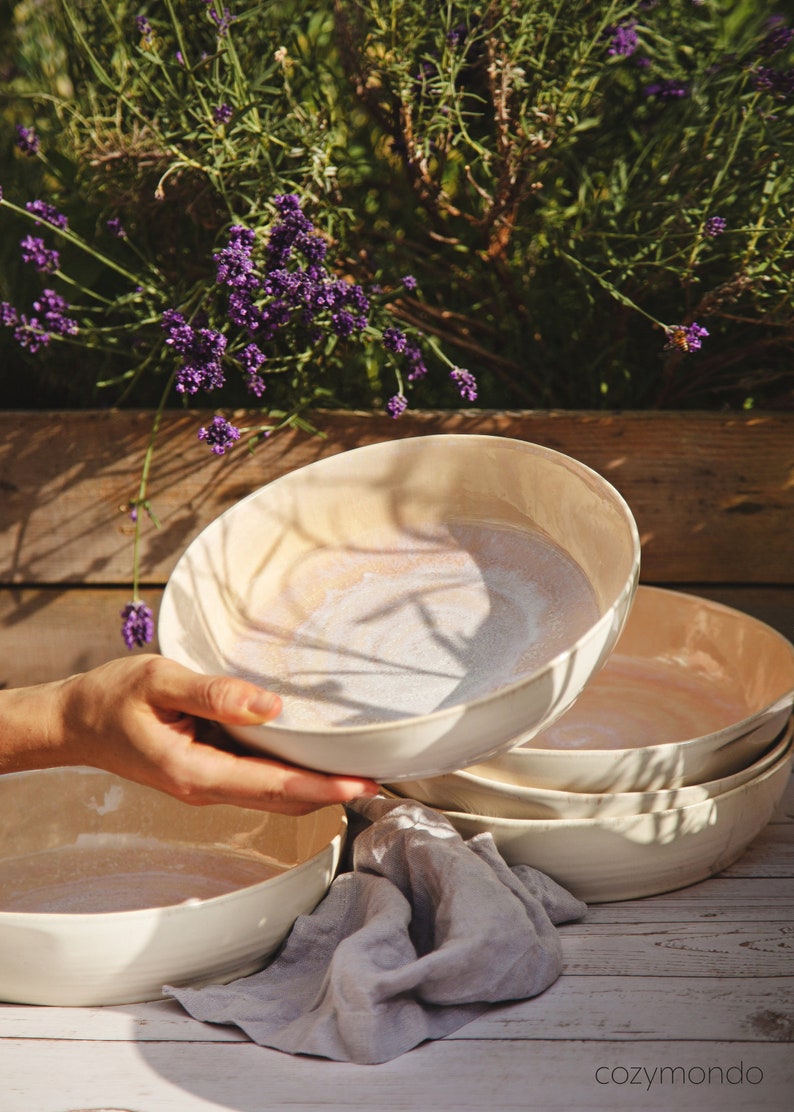 Pasta plate set made of ceramic with hand-painted spiral decoration in rosé 24 cm I Set for 2 people image 1