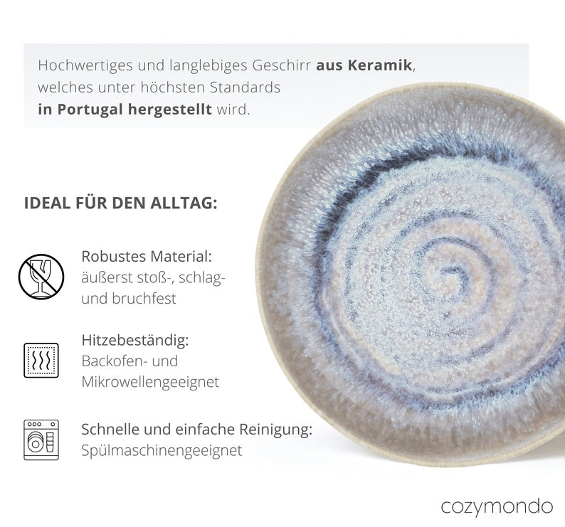 Pastateller-Set aus Keramik mit handgemaltem Spiraldekor in blau 24cm I Set für 2 Personen Bild 4