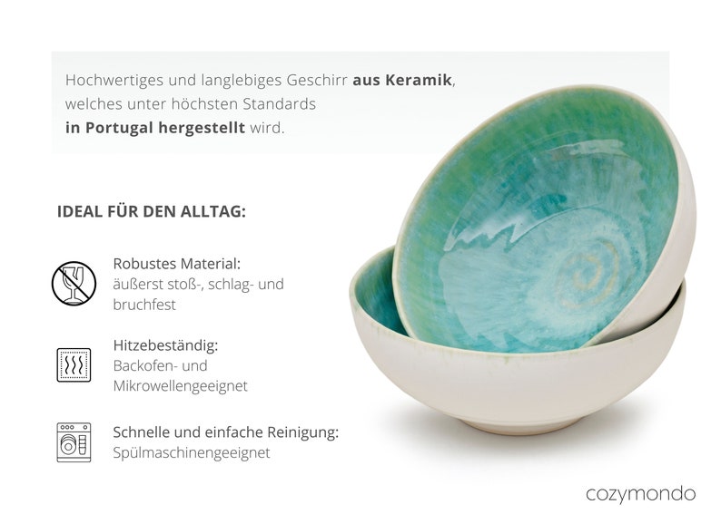 Bowlschalen aus Keramik 17cm in grün/türkis mit handgemaltem Spiraldekor 2 Schalen Bild 5