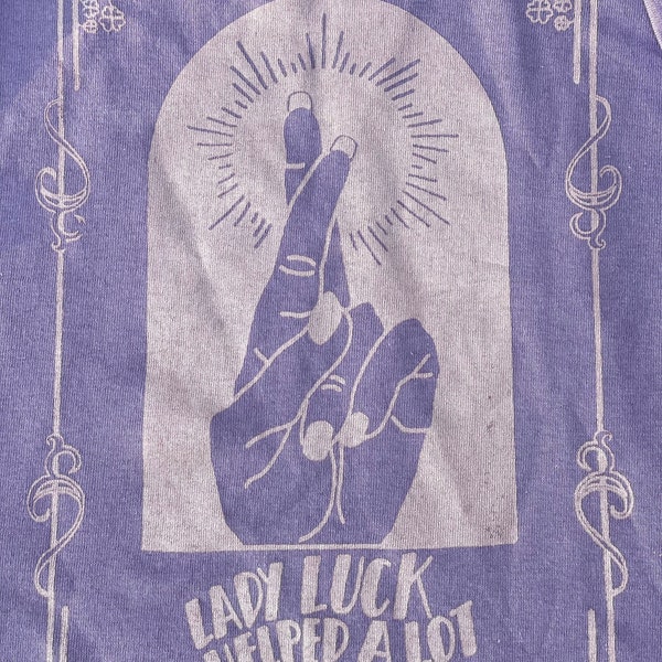 Lady Luck screen printed t-shirt, pastel purple shirt with pearlescent pink ink