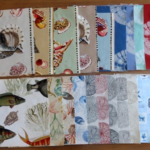Set of Large Upholstery Swatches, Seashells and Fish