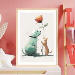 Cute Puppy and Cat playing with the Flower Nursery Art Print, Nursery Illustration Kids Giclee Print, Home Wall Decor Gift Idea