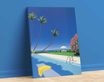 May include: A digital art print depicting a tropical pool scene with palm trees, a blue swimming pool, and a yellow towel on a diving board. The sky is blue with white clouds.