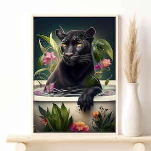 Black Puma in Bathtub Tropical Floral Jungle Art, Tropical Flowers Leaves Safari Animals Giclee Print, Stylish Home Wall Decor Gift Idea