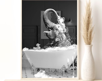 Black&White Happy Elephant Spraying Water in Bath Tub Print, Elephant Bathing, Funny Bathroom Print, Animal in bathtub, Giclee Artsy Print