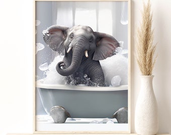 Elephant bathing in Bathtub Print, Funny Bathroom Print, Elephant Bathing, Animals in bathtub, Giclee Print, Whimsy Animal, Nursery Prints