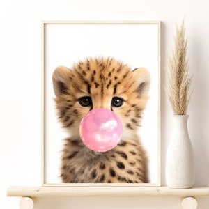Baby Cheetah Pink Gum, Baby Animals Nursery Wall Art Giclee Print, Nursery Wall Decor Safari Animals Art, Gift Idea