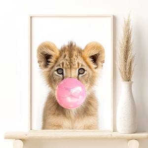 Baby Lion Pink Gum, Baby Animals Nursery Wall Art Giclee Print, Nursery Wall Decor Safari Animals Art, Gift Idea