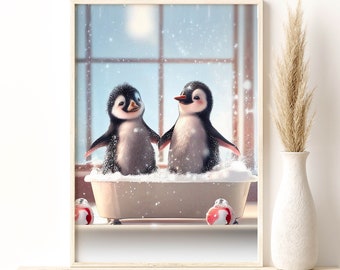 Pingouins heureux se baignant dans la baignoire, cadeau d'impression de Noël de salle de bain drôle, animaux dans la baignoire, impression jet d'encre, animal fantaisiste, impressions de pépinière