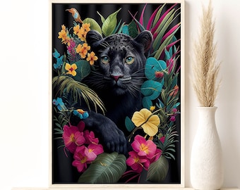Black Puma Tropical Floral Jungle Art, Tropical Flowers Leaves Safari Animals Giclee Print, Stylish Home Wall Decor Gift Idea