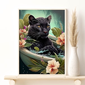 Tropical Floral Jungle Art Black Puma in Bathtub, Tropical Flowers Leaves Safari Animals Giclee Print, Stylish Home Wall Decor Gift Idea