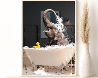 Happy Elephant Spraying Water in Bath Tub Print, Funny Bathroom Print, Elephant Bathing, Animal in bathtub, Giclee Print, Whimsy Animal