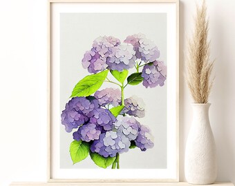 Puede incluir: Una pintura de acuarela de una flor de hortensia morada con hojas verdes. La pintura está enmarcada y se muestra en un estante.