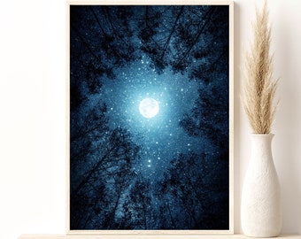 Forest and Moon Poster, Shining Moon through Forest Art print, Giclee Print, Celestial Poster, Magic Moon Home Wall Decor, Artsy Poster