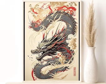 Könnte beinhalten: Ein schwarzer und roter japanischer Drache mit goldenen Akzenten ist in traditionellem Stil dargestellt, umgeben von wirbelnden Wolken. Der Drache ist wild und kraftvoll, mit scharfen Krallen und einem langen, fließenden Schwanz.
