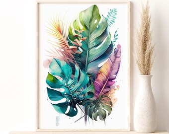 Watercolor Monstera Leaves Art Print, Watercolor Giclee Print, Monstera Print, Floral Artsy Poster, Natural Wall Decor, Minimal Art Gift