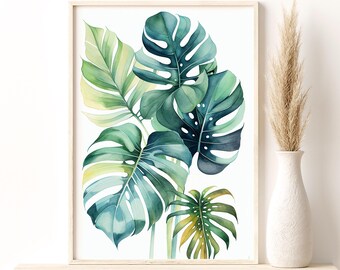 Watercolor Monstera Leaves Art Print, Watercolor Giclee Print, Monstera Print, Floral Artsy Poster, Natural Wall Decor, Minimal Art Gift