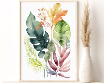 Watercolor Leaves Art Print, Watercolor Giclee Print, Monstera Print, Floral Artsy Poster, Natural Wall Decor, Minimal Art Gift