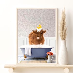 Baby Highland Cow in a Vintage Bathtub, Cow in Tub, Cottage Bath Style, Animal Bathroom Art, Bathroom Wall Art Giclee Print