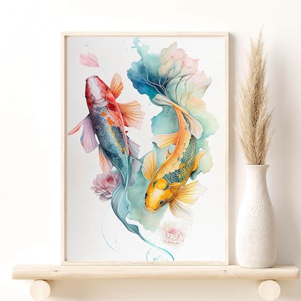 Watercolor Koi Fishes Art Print, Watercolor Giclee Print, Koi Fish Print, Floral Artsy Poster, Aqua Wall Decor, Minimal Art Gift