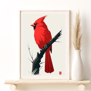 Red Cardinal Bird Art Print, Minimal Red Cardinal Bird Poster, Messenger Bird Japanese Style Giclee Print, Home Wall Decor Stylish Gift Idea