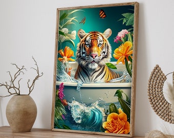 Tropical Jungle Flowers Bathtub Animals Giclee Print, Tiger in Bathtub Jungle Art, Stylish Home Wall Decor Gift Idea