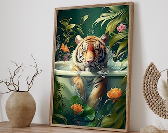 Tiger in Bathtub Tropical Jungle Art, Monstera Leaves Tropical Flowers Bathtub Animals Giclee Print, Stylish Home Wall Decor Gift Idea