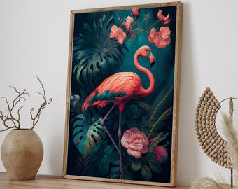 Floral Tropical Flamingo Jungle Art Print, Monstera Leaves Flowers Flamingos Giclee Print, Stylish Home Wall Decor Gift Idea