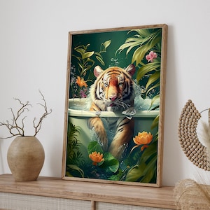 Tiger in Bathtub Tropical Jungle Art, Monstera Leaves Tropical Flowers Bathtub Animals Giclee Print, Stylish Home Wall Decor Gift Idea