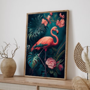 Floral Tropical Flamingo Jungle Art Print, Monstera Leaves Flowers Flamingos Giclee Print, Stylish Home Wall Decor Gift Idea