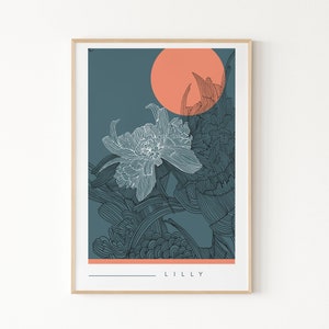 Japan Art Print Poster | Lilly | Modern Style Wall Art Poster, Exhibition Art Print, Minimalist Giclee Art Print, Moon Line Art Print