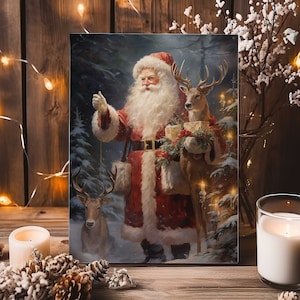 Vintage Santa Claus with Blitzen and Rudolph in the Woods Merry Christmas Oil Painting Fine Art Print, Christmas Wall Art Giclee Print