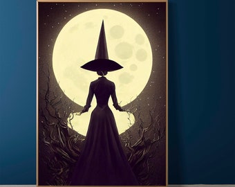 Witch Veiling the Moon, Fantasy Witchy Print, Darkarts Poster AI Art, Halloween Samhain, Giclee Print, Home muur decor, Gift Idee