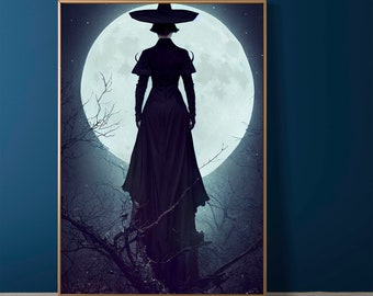 De heks en maan fantasy art print, darkarts poster AI art, Halloween Samhain, Giclee print, home wand decor, cadeau idee
