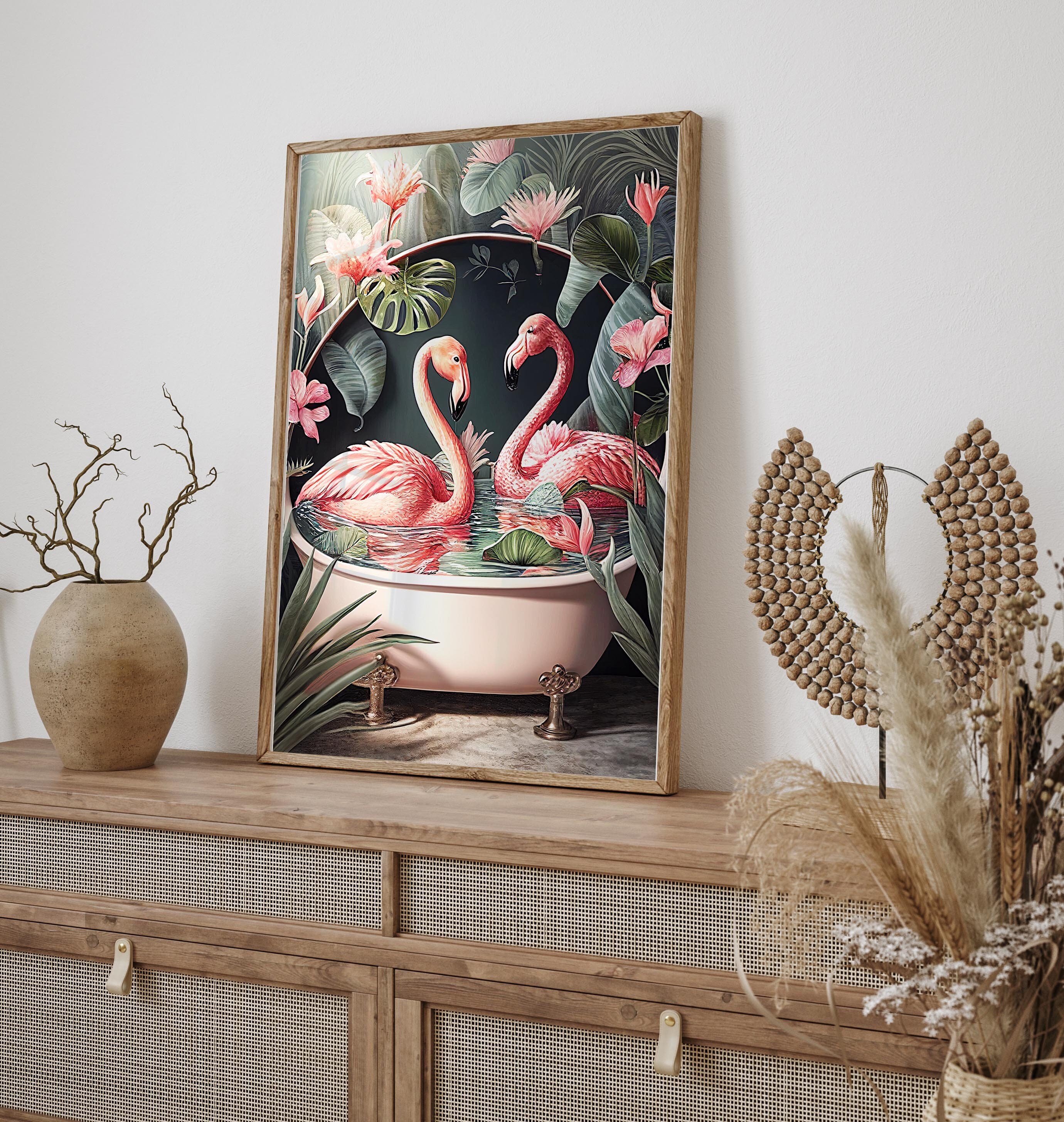 Flamingos in Bathtub Tropical Floral Jungle Art, Tropical Flowers Leaves Animals Giclee Print, Stylish Home Wall Decor Gift Idea
