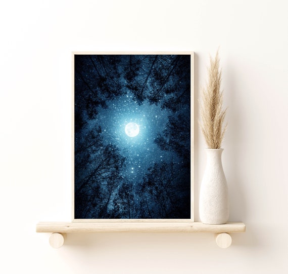 Forest and Moon Poster, Shining Moon through Forest Art print, Giclee Print, Celestial Poster, Magic Moon Home Wall Decor, Artsy Poster