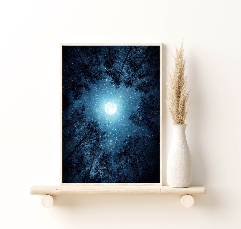 May include: A photograph of a full moon shining brightly in a dark blue night sky. The moon is surrounded by a field of stars and the silhouette of trees.