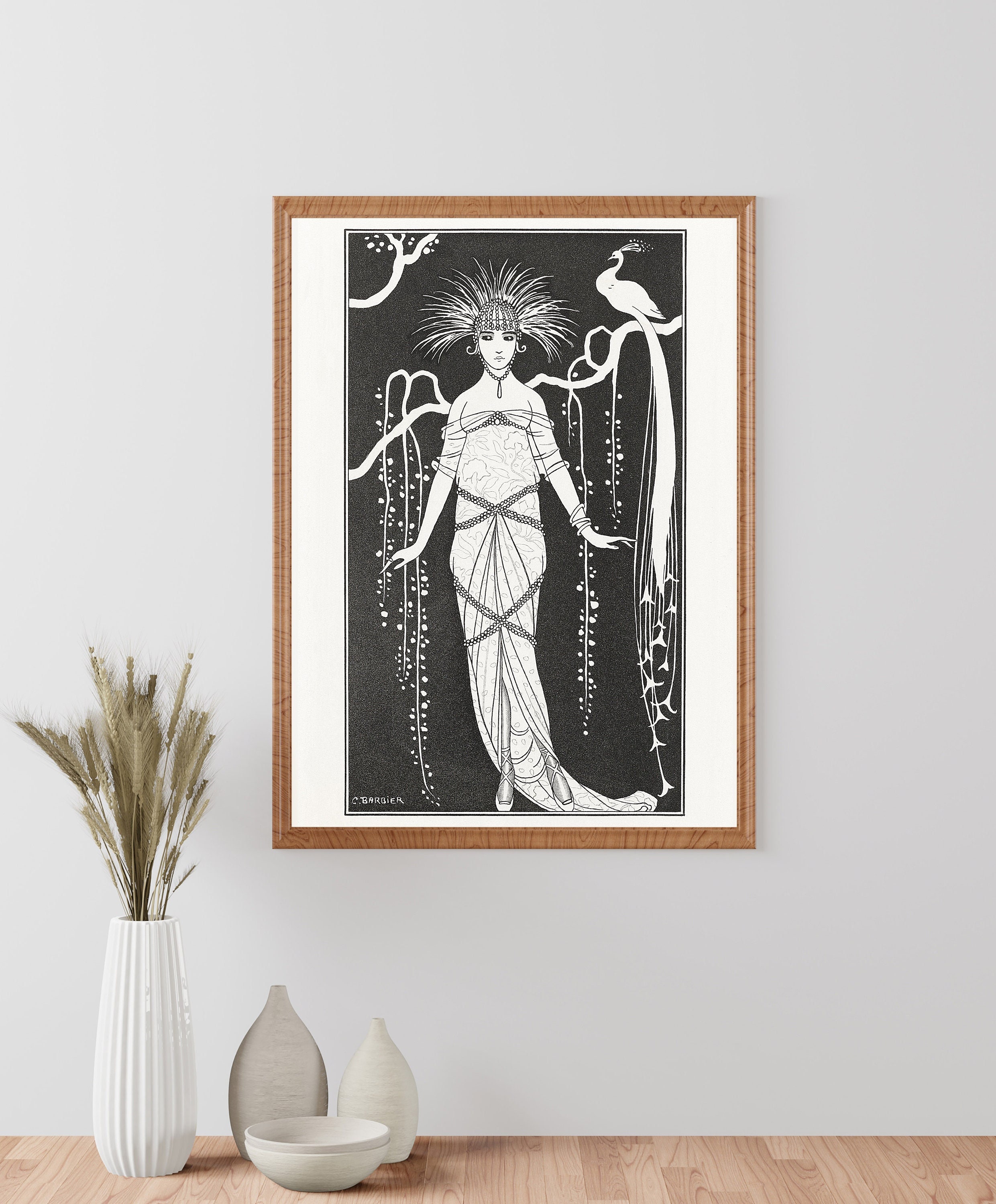 Woman and Peacock, Art Print, Modern Wall Art, Exhibition Poster, Black and White Art, Giclee Print, Museum Art Poster, Art Nouveau
