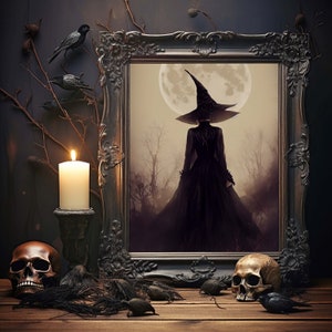 Golden Witch and Moon Art Print, Dark arts poster, Halloween Samhain Festival, Giclee Print, Home wall decor, Gift Idea