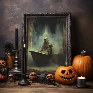 浴槽で航海するハロウィンゴーストのファンタジーアートプリント、ダークアートポスターゴシックアート、ハロウィンジクレープリント、ホームデコレーションギフトアイデア