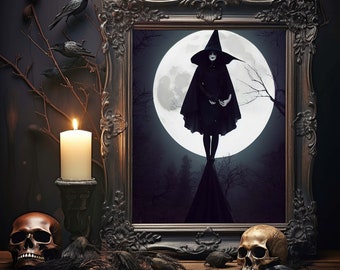 Heks en Maan Fantasy Art Print, Darkarts Poster Gothic Art, Halloween Samhain Giclee Print, Home wand decor, Cadeau Idee