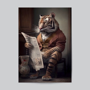 Victorian Tiger Reading Newspaper Art, Victorian Victorian Tiger Ai Art, Elegant and Cheeky Home Wall Decor Gift Idea