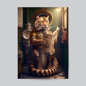Victorian Tiger Reading Newspaper in Bath Art, Victorian Tiger Ai Art, Elegant and Cheeky Home Wall Decor Gift Idea