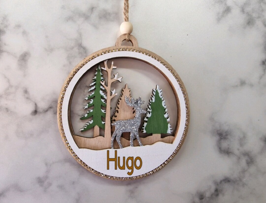 Personalised Family Christmas Tree Decoration. Snowy Glitter Stag Scene