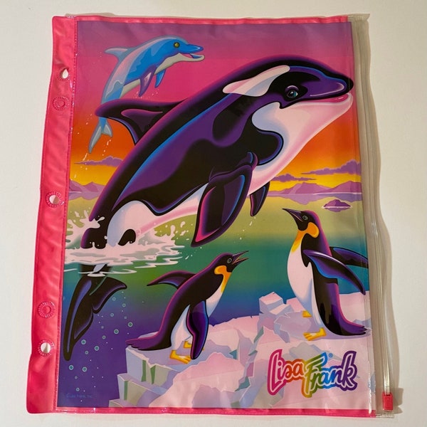 vintage Lisa Frank Max Splash Baleine Dauphin Pingouins 5 Anneaux Étui à Crayons