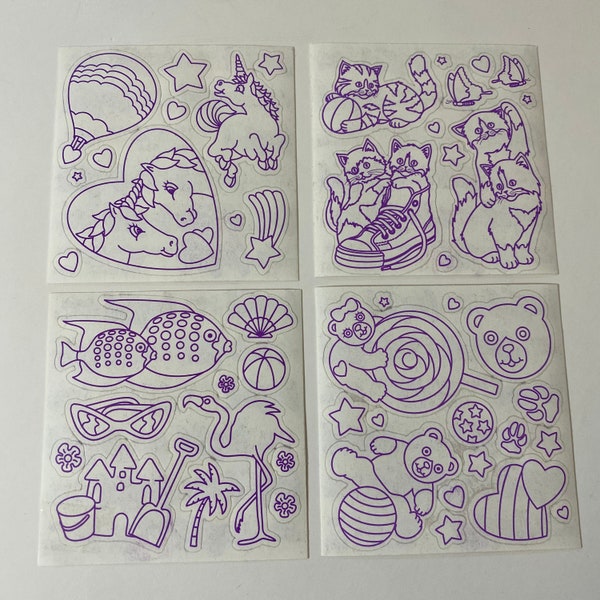 Vintage Lisa Frank Color Your Own Mini Sticker Sheet Markie Kittens Fish Bears S761 S762 S763 S764