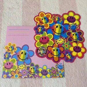 Vintage Lisa Frank Smiley Face Flowers Fantastic Fashions Notecard & Envelope Set