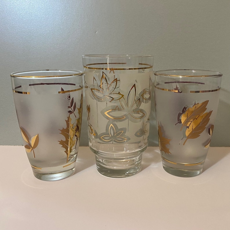 Vintage Libbey Frosted Gold Leaf Glasses Cups Etsy